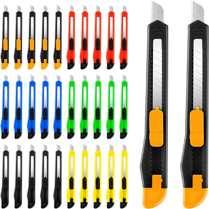 30 Pack Box Cutter Retractable, 9mm Razor Knife, Utility Knife | Snap-off blades, exacto knife and box opener for boxes, cartons, cardboard, paper, vinyl and rope for home, office and school