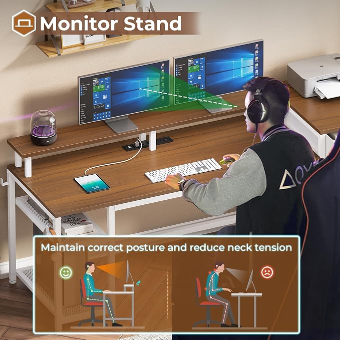 SEDETA 59" Office Desk with Drawers, Reversible Computer Desk with File Drawers & Storage, Gaming Desk with LED Lights & Power Outlet, Home Office Desks for Printer, White and Brown