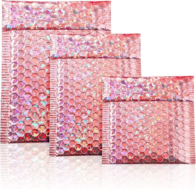 50 Pieces Bubble Mailers 3 Sizes Self Seal Adhesive Poly Mailers Metallic Foil Glitter Padded Shipping Bubble Envelopes for Valentine Mailing Packing Small Business (Glitter Rose Gold)