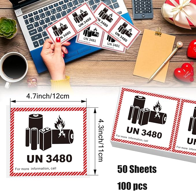 100pcs Lithium Ion Battery Transport Caution Warning Labels 4.7" x 4.3" Adhesive Stickers for Business Shipping Lithium Batteries (UN3480)
