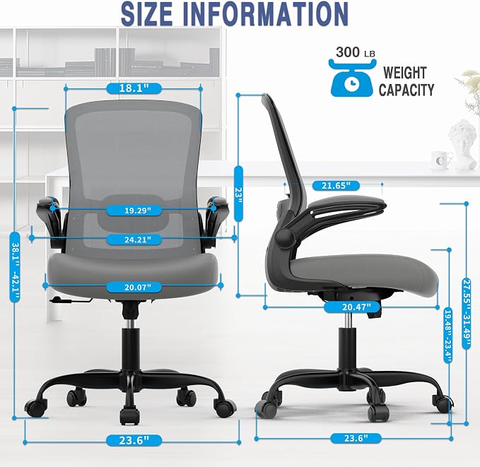 Mimoglad Ergonomic Office Chair - Desk Chair with Flip-up Armrests & 135° Recline, Adjustable Lumbar Support - Space-Saving Task Chair for Business/Team Office & Home | Supports 300 lbs · Seat 19.48"–23.4" · Breathable mesh · 20–30 min assembly · 5-yea...