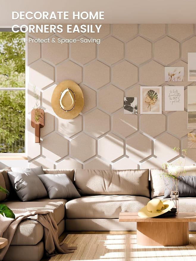 Fluxynara 12-Pack Hexagon Felt Bulletin Board Tiles, Oatmeal-1 | Cork Board Alternative with 60 Adhesive Tabs for Notes, Photos and Reminders in Home Offices, Dorm and Classrooms