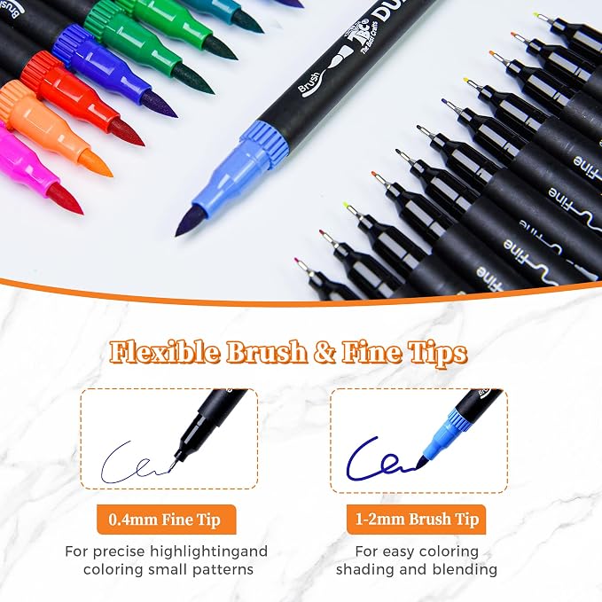Brush Pens for Adult Coloring Books, 72 Colors Dual Tip Art Markers – Fine Tip for Outlining + Brush Tip for Coloring, Water-Based Non-Bleeding Markers for Journaling, Calligraphy, Hand Lettering