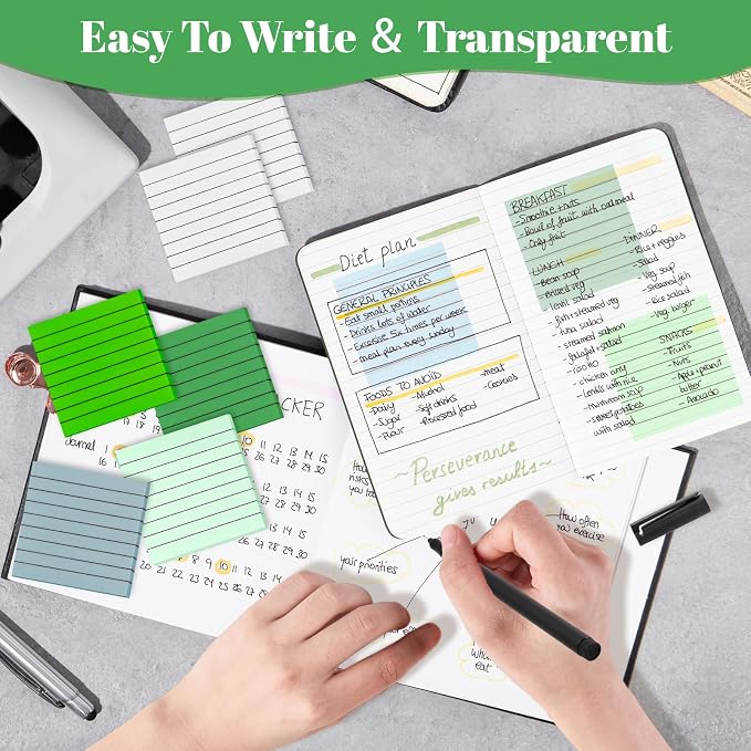 Transparent Sticky Notes Lined 300 Sheets 3"X3" Green PET Material | Clear Translucent Self-Adhesive Sticky Notes for Back to School & Office Supplies, See Through Reveals Underlying Bible Text