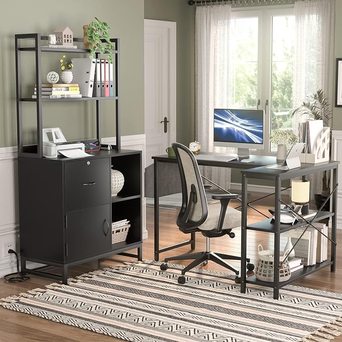 Vertical Filing Cabinet with Bookshelf for Home Office, Black | File Cabinet with Shelves, Lock & Charging Station, Drawer Office File Cabinets with Printer Stand, fits Letter Size