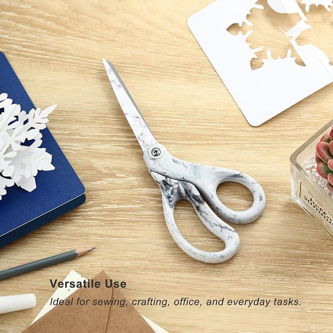LIVINGO 8" Office Scissors Heavy Duty All Purpose Shears Marble White | Sharp Stainless Steel Blade, Soft Smooth Handle, Sewing Fabric Craft Paper Cutting, Home Office Supplies