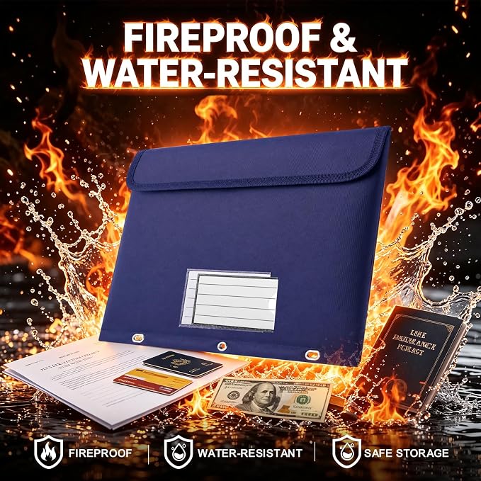Fireproof 3 Ring Binder Pocket, Document Bag Side Loading, 2 Pack | Water Resistant,Heat Insulated,Hook&Loop Closures,Binder Folders,Safe Storage for Home Office Travel,Letter Size,Blue