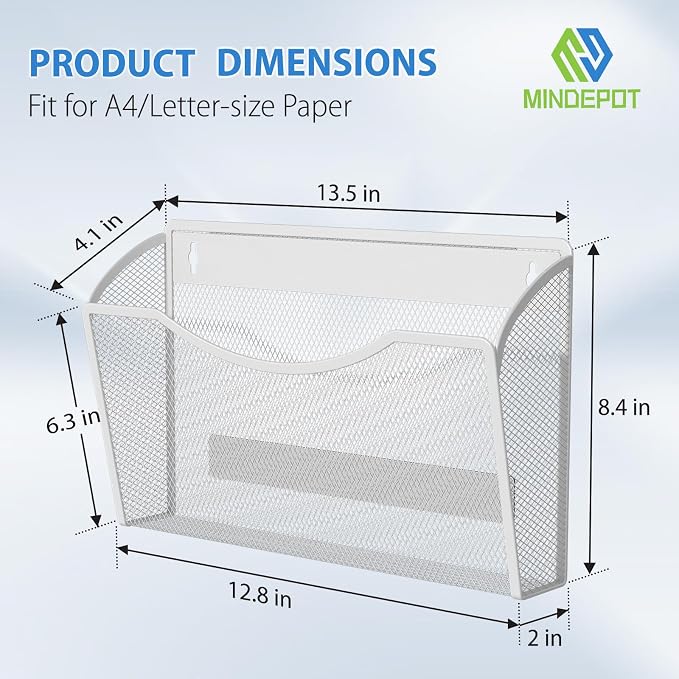 MINDEPOT Magnetic Wall File Organizer, Hanging File Holder, 1 Pack, White | Heavy Duty Iron, Powerful Magnet, Metal Mesh Wall Mount, Single Pocket, for Office School Classroom Home, Letter A4 Size
