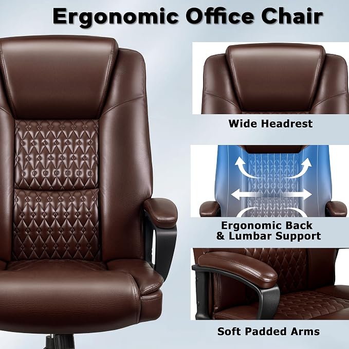 Office Chair, High Back Ergonomic Home Office Desk Chairs with Lumbar Support, Adjustable Big and Tall Computer Chair, 360° Swivel, PU Leather, Brown