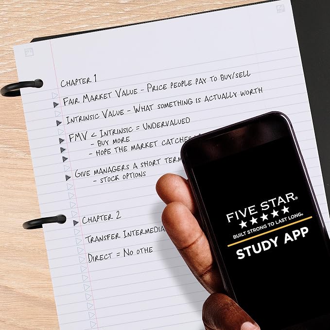 Five Star Flex Refillable Notebook + Study App,College Ruled Paper and 1-1/2 Inch TechLock Ring Binder with Pockets,Tabs and Dividers,300 Sheet Capacity,Black (29324AA2),(Pack of 6)