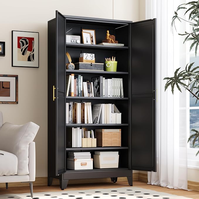 PAOFIN Kitchen Pantry Storage Cabinet with Doors and Adjustable Shelves, Metal ClosetMaid Food Pantry Cabinets, 75" Tall Freestanding Cupboard for Kitchen, Laundry or Utility Room, Black