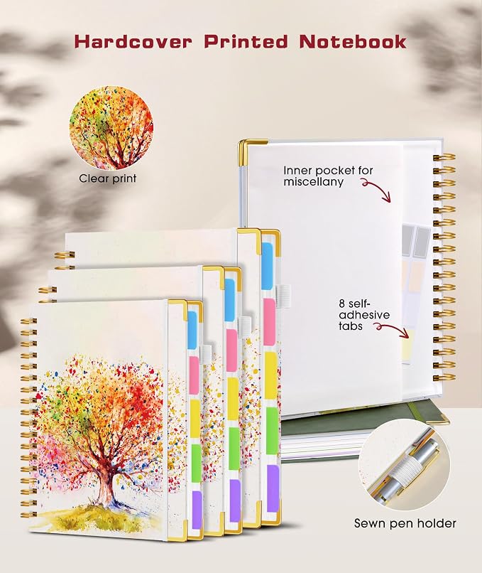 Hardcover Spiral Notebook journal with Removable Dividers Tabs, 300 Pages 5 Subject Notebook College Ruled, 100GMS Notebooks for Work School Note taking,Lined Journal for Women,A5 Colorful Tree of Life