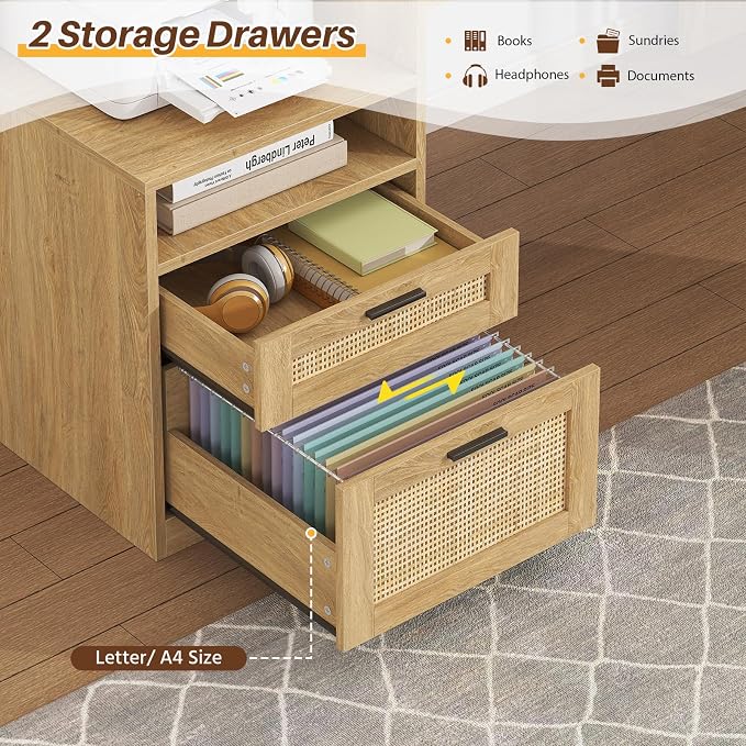 63" Rattan L Shaped Desk with Drawers & Storage Shelves for Home Office | Corner Desk with Power Outlets & LED Lights, L-Shaped Office Desks with File Drawer, Printer Shelf, Monitor Stand, Oak