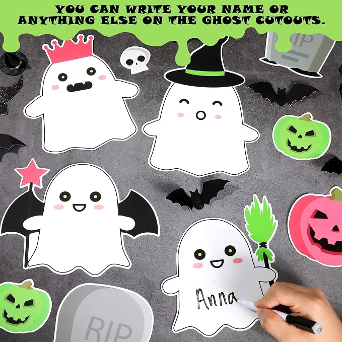 Halloween Ghost Bulletin Board Decoration Witch Bat Pumpkin Spider Web Paper Cutouts Boo Ghost Pattern Classroom Decor Halloween Party Bulletin Board for School Chalkboard Wall Decor Teacher Supplies
