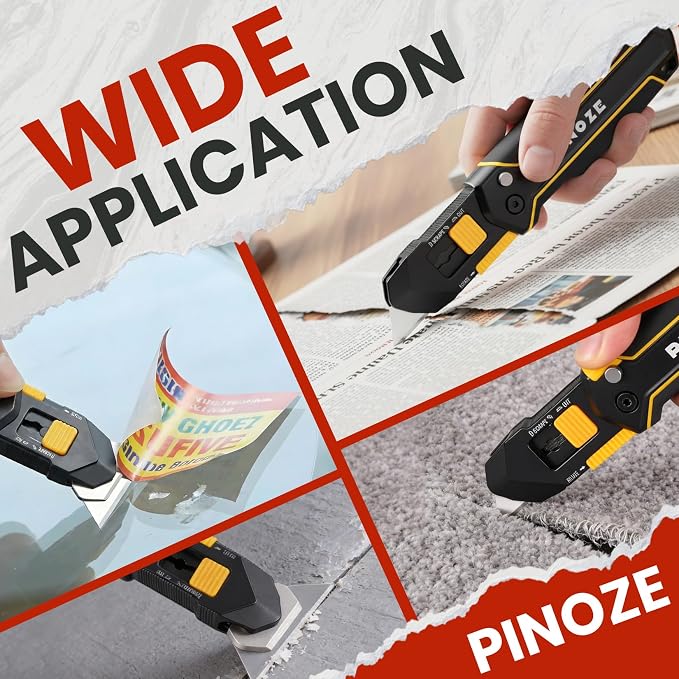 PINOZE Folding Utility Knife Scraper, 3-in-1 Box Cutter with Lanyard & Blade Storage, Retractable Heavy Duty Zinc Alloy Multi-functional Knife with 10pcs SK2 Blades, EDC Tool for Home, Office, DIY