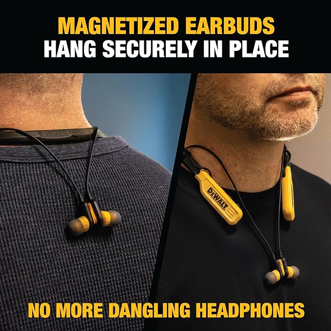DEWALT Heavy Duty Bluetooth Neckband Headphones, Wireless Around The Neck Earbuds w/ 30H Runtime + Noise Isolation, Secure Magnetic Wireless Earbuds, Jobsite Pro Built-in Mic Bluetooth Headsets