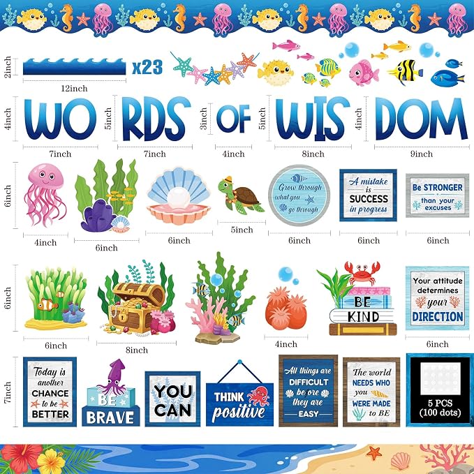 Mooliwe 57 Pcs Ocean Bulletin Board Set Marine Life Classroom Decor | Inspirational Quotes with Sea Creatures, Theme Wall Decor for Teachers School Office, Motivational Display Supplies