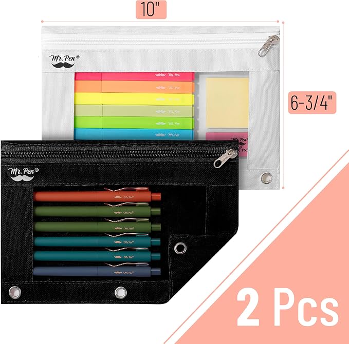 Mr. Pen- Pencil Pouch for 3 Ring Binder, 2 Pack, 10"x6.75", Smooth Zipper | Clear Window, Large Capacity Pencil Case with 3 Reinforced Grommets for School, Office, Supplies Storage | Clear Window, Large Capacity Pencil Case with 3 Reinforced Grommets f...