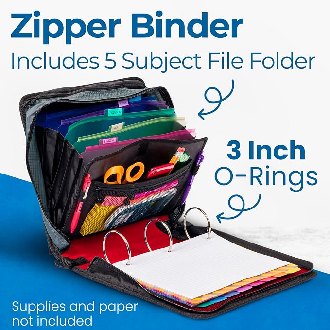 Case-it Zipper Binder | 3-Inch O-Rings | 600-Sheet | D-146 Fire Engine Red | Mighty Zip Tab, 5-Color Tab Expanding File Folder, Multiple Pockets, Shoulder Strap, 6-Pack, School & Office