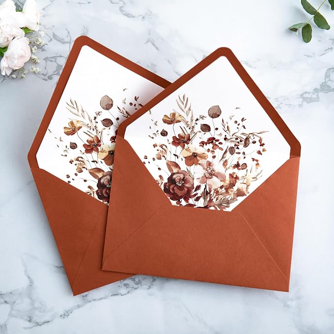 PONATIA 50PCS A7 Euro Flap Envelopes, Burnt Orange Liner Envelope, Perfect 5x7 Envelopes for Wedding Invitation Cards, Christmas Gift Cards Envelope, Acrylic Invitations, Photos
