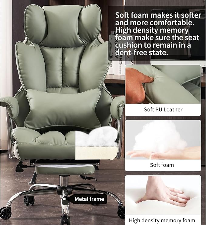 Efomao Big and Tall Office Chair 400lbs - Executive Office Chairs with Footrest, Heavy-Duty PU Leather Computer Chair for Heavy People, Light Green Home Office Desk Chairs | 400lbs support, 135° recline, dual-layer foam cushion, 23.5" seat & footrest. ...