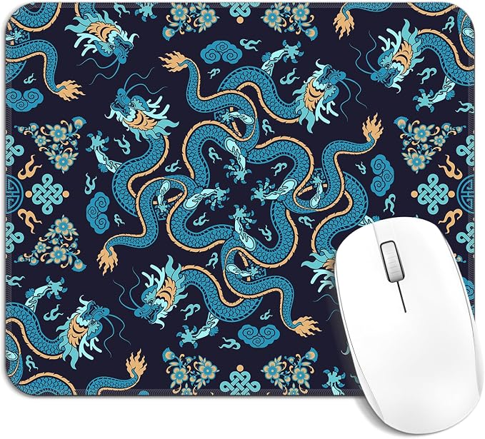 Blue Chinese Dragon Mouse Pad, Mystical Traditional Asian Oriental Creature Square Mousepad Mouse Mat with Anti-Slip Rubber Base for Computer Laptop Home Office Desk, 9.5x7.9 in