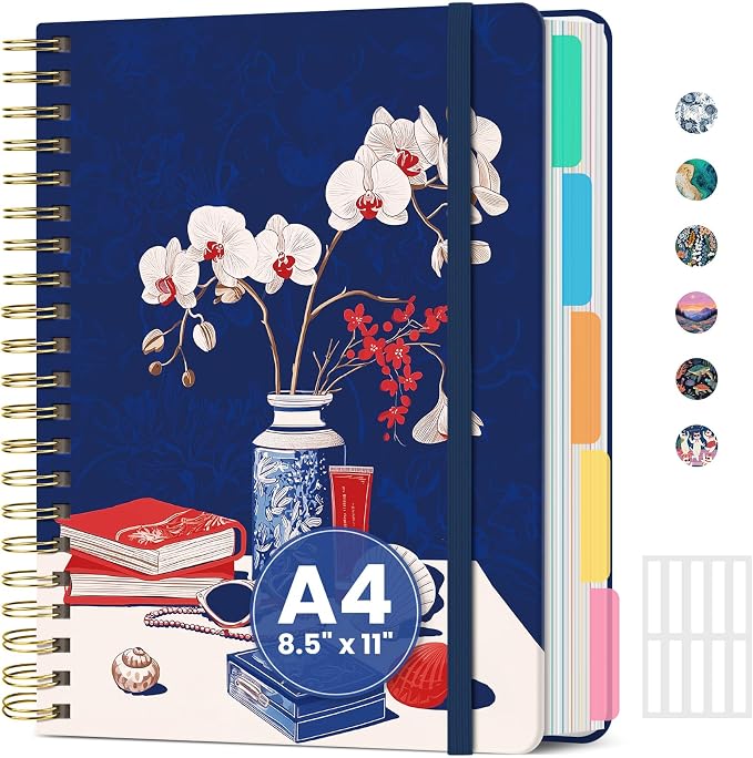 Large Spiral Notebook for Work, 8.5" x 11" Journal for Women, Cute 5 Subject Notebook with Removable Dividers & Tabs, College Ruled Lined Journal for Office and School, 280 Pages, Orchid Stillness