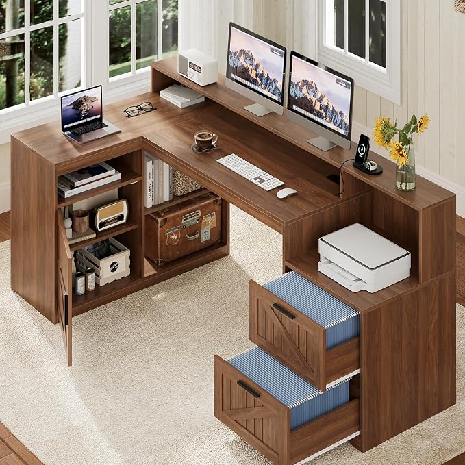 63" Farmhouse L Shaped Desk with Drawers and Printer Stand for Home Office | Computer Desk with Power Outlet, Home Office Desk with Storage Shelves and Monitor Stand, Brown
