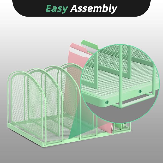 5-Section File Organizer for Desk, Metal File Folder Holder, Mint Green | 5 Vertical Compartments with Sturdy Metal Base for Office Documents Books Magazines and Laptop