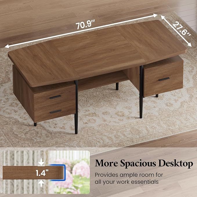 70.9" W x 27.6" D Modern Executive Desk, Wooden Computer Desk with 2 Drawers and File Drawer, Privacy Panel & Open Storage Shelf, Large Home Office Writing Desk for Living Room