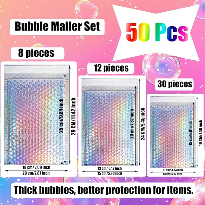 50 PCS Metallic Bubble Mailers,Poly Padded Envelopes,Holographic Bubble Mailers,Waterproof Shipping Bags,Self Seal Foil Glitter Glamour Cushion Envelopes for Mailing,Packing,Small Business