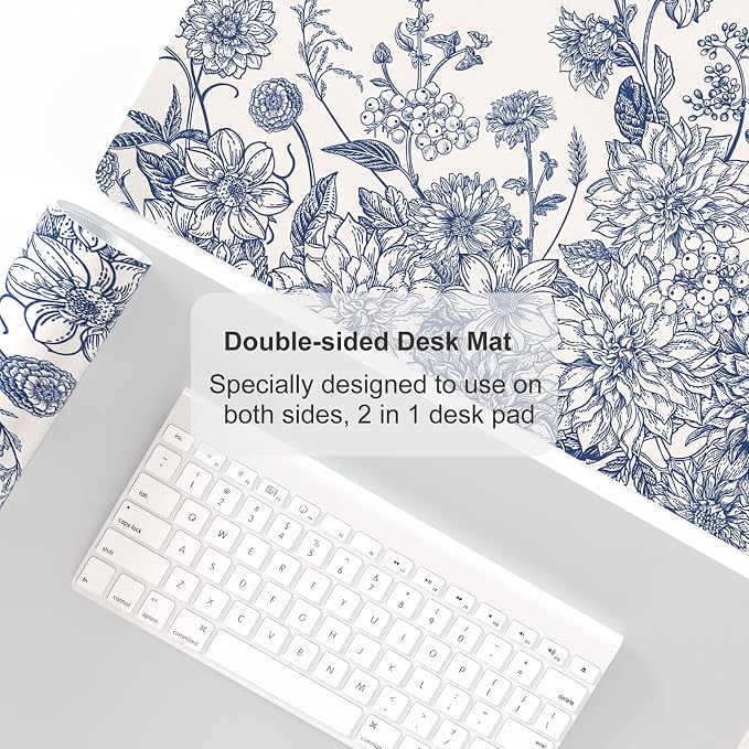 Faux Leather Large Mouse Pad, Office Desk Mat, 23.6"x13.8", Blue Flowers | Desk Décor Accessories, Extended Size, Waterproof & Easy to Clean, Smooth Surface, Non Slip Desk Organization