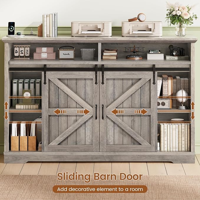 SEDETA 47.2" File Cabinet, 2 Drawers Filing Cabinets for Home Office fit Legal/Letter/A4 File, Farmhouse File Cabinet with Barn Door & Power Outlets, Printer Stand with Storage & LED Lights, Grey
