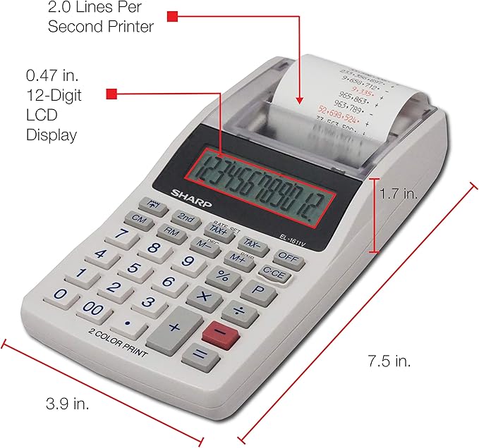 Sharp EL-1611V Handheld Portable Cordless 12 Digit Large LCD Display Two-Color Printing Calculator with Tax Functions