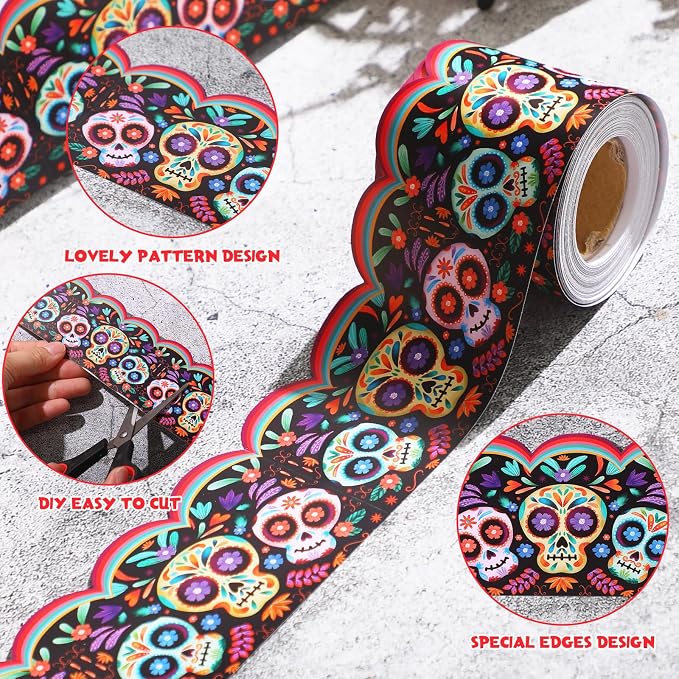 32.8 Ft Day of The Dead Bulletin Board Borders Skull Wavy Trim | Vibrant Skull Patterns with Wildflowers, Scalloped for Classroom Bulletin Boards and Fiesta Decor