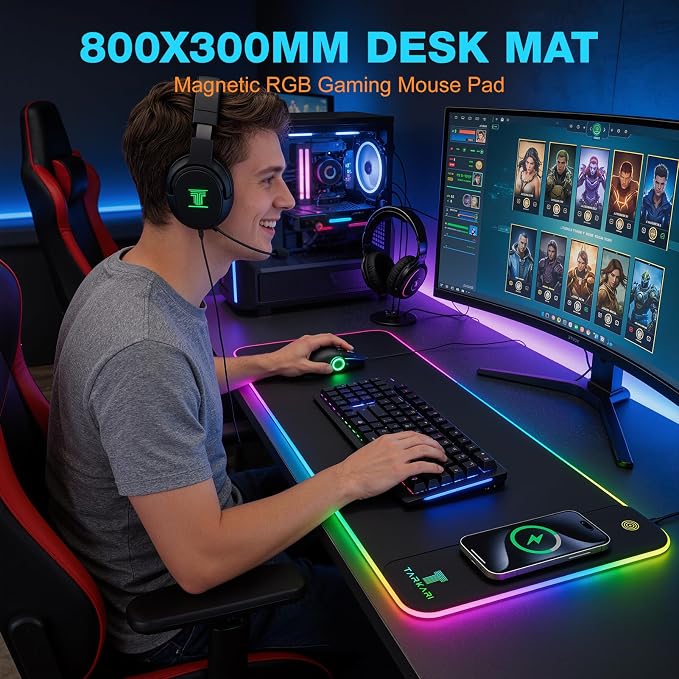 TARKARI Magnetic Wireless Charging RGB Mouse Pad, Large Gaming Desk Mat, 31.5"x11.8" Waterproof Mousepad, Ultra-Smooth Surface, Non-Slip Rubber Base, Desk Pad for Keyboard Laptop