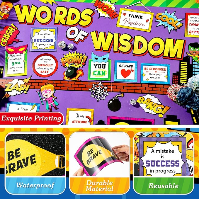 Mooliwe 57 Pcs Hero Bulletin Board Cityscape Cutouts for Classroom Decor | Inspirational Quotes with Comic Action Words, Building Skyline Designs for Office Chalkboard Door Wall