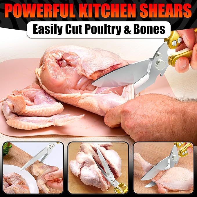 4-in-1 Multifunction Heavy Duty Kitchen Shears – Sharp Seafood, Fish, Turkey & Chicken Shears with Non-Slip Metal Handle & Micro-Serrated Blades for Meat – Spring-Loaded Bone Scissors (Gold)