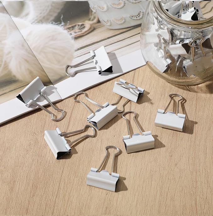 Jetec 200 Pack 1in/25mm White Metal Binder Clips Bulk Medium Reusable Fold Back Binder Clips Paper Clamps Spring Steel Sturdy for Home Office School Supplies