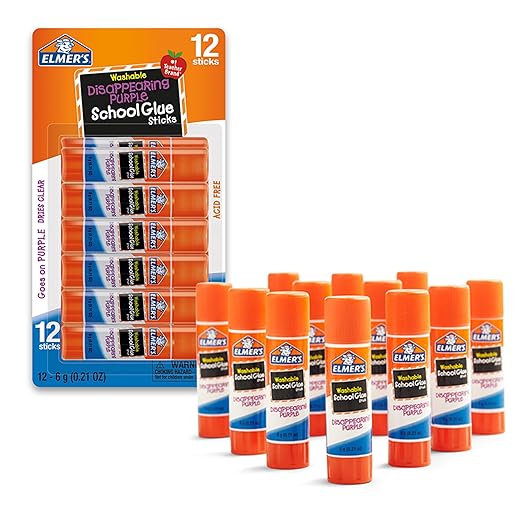 Elmer's Disappearing Purple School Glue Sticks, Washable, 6 Grams, 12 Count - Poster, Vision Board, Back to School, #1 Teacher Brand