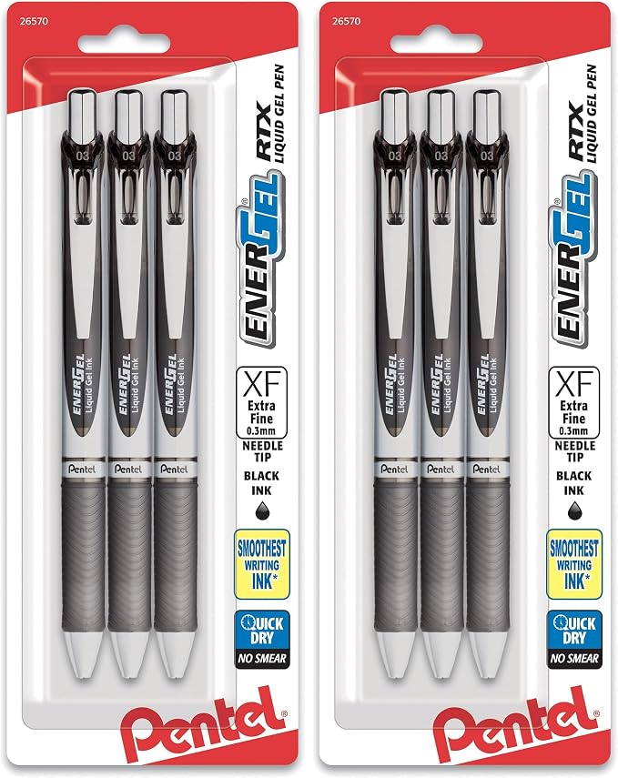 Pentel EnerGel RTX Retractable Liquid Gel Pen,(0.3mm),Extra Fine Line,Needle Tip,Black Ink,(BLN73BP3A),3 Count (Pack of 2)