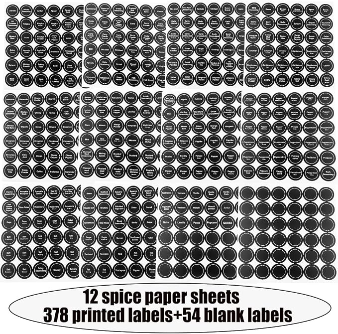 Spice Labels, 432Pcs Spice Labels Stickers 1.4in Waterproof Adhesive Round Preprinted Spice with Blank Label Black Tear Resistant Sticker for Kitchen Jars Caps Food Containers Spice Organizers