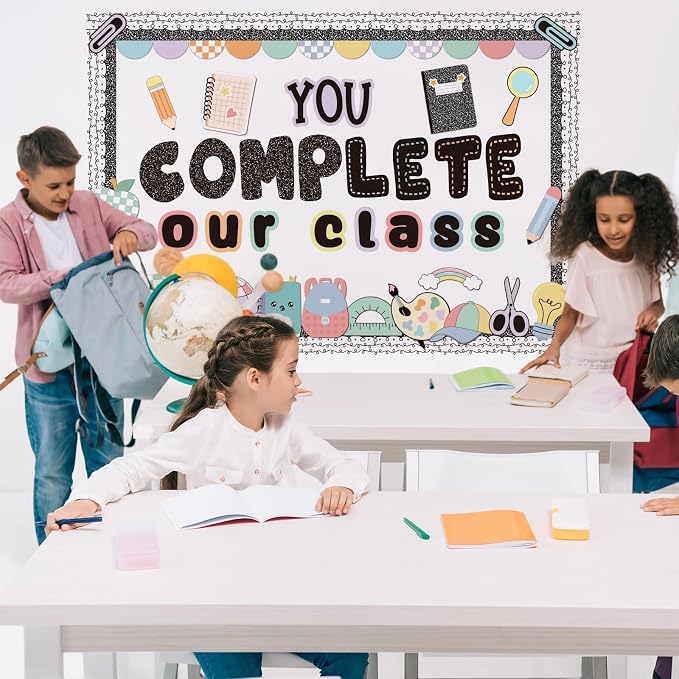 Mooliwe 91 Pcs Composition Notebook Classroom Decor Welcome Back to School Bulletin Board Decor You Complete Our Class First Day of School Marble Composition Notebook Border Trims Cutouts
