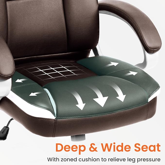 NEO CHAIR Office Desk Chair PU Leather Chair with Lumbar Support, Brown | Ergonomic High Back Executive Computer Chair, Comfortable Padded Fixed Armrests Swivel Chair with Wheels for Office/Home
