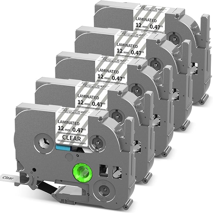 TZe TZ Tape 12mm 0.47 Laminated Clear Label Tape TZe-131 | Replace for Brother Label Maker Tape Clear TZe131 TZ-131 for Brother P Touch PT-D210 PT-D220 PT-H110 PT-D400 PT-D600, 5-Pack