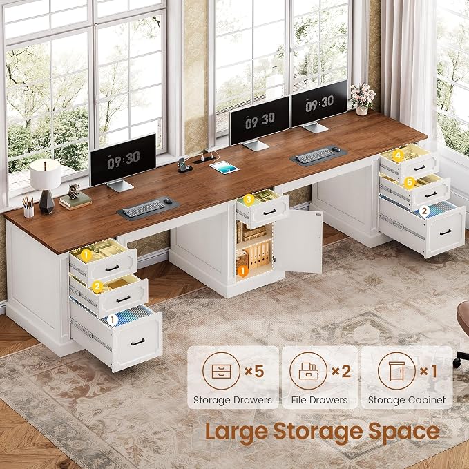 SEDETA Farmhouse 110.3" Two Person Desk with 7 Drawers, Long Computer Desk with Storage Cabinet, 2 Person Desk with Power Outlets for Home Office, White+Brown