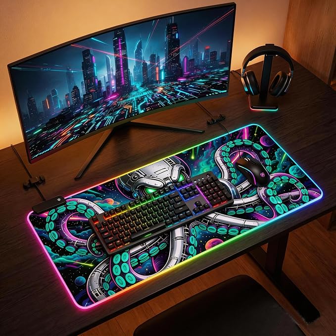 Cyberpunk Mechanical Octopus RGB Gaming Mouse Pad – 31.5"x11.8" XL LED Desk Mat with Neon Space Kraken Design, Upgraded Type-C Powered for PC & Laptop Setup