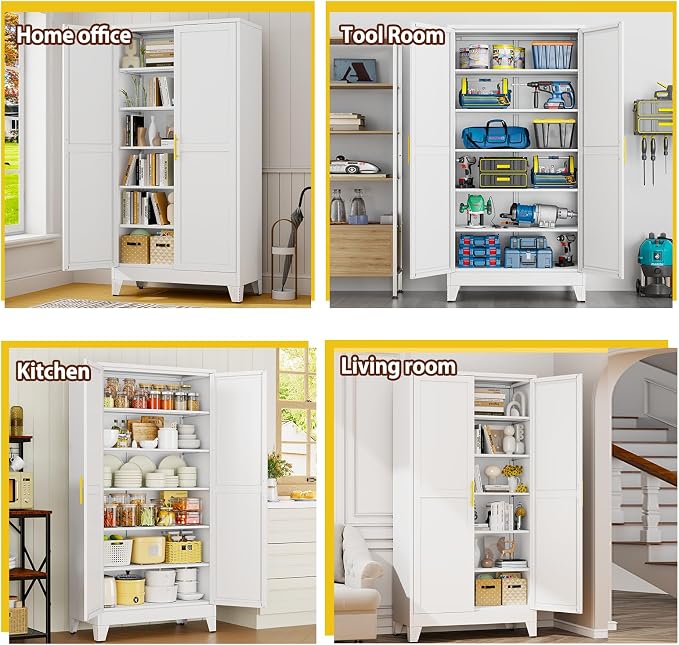 PAOFIN 79" Tall White Kitchen Pantry Cabinet, Metal Storage Cabinet | with 2 Doors and 5 Adjustable Shelves, Steel Freestanding Wider Cupboard for Kitchen Dining Bathroom Bedroom(New Update)