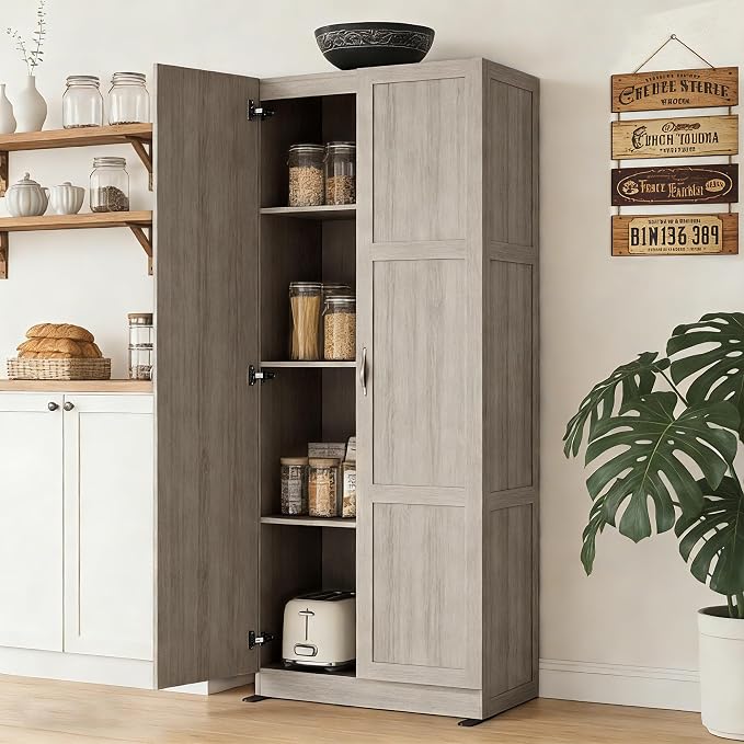 DUMOS Tall Storage Cabinet with Doors and Shelves, Kitchen Pantry Cabinet | 71'' Wood Storage Freestanding Wooden Cabinets for Bedroom, Pantry, Home Office, Dining Room & Living Room, Grey