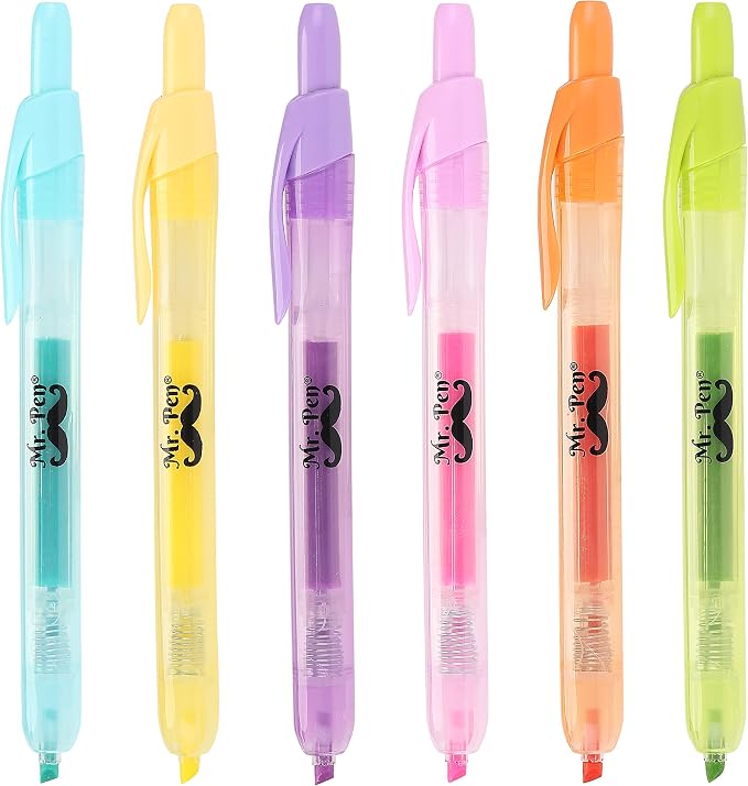 Mr. Pen- Retractable Highlighters, 6 Pack, Pastel Colors | Chisel Tip Highlighter Marker Set, Click Highlighter Markers for Classroom, Journaling, Study Supplies